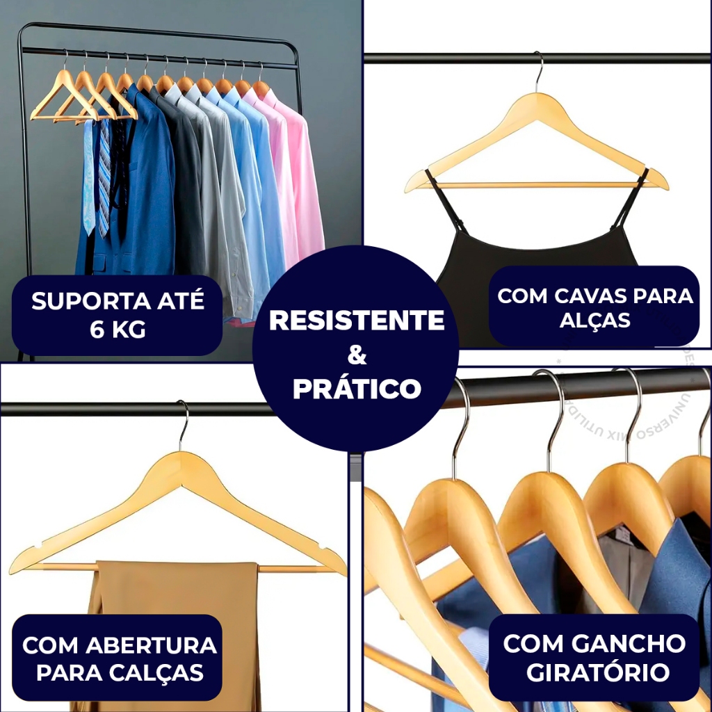 Detalhes do Kit Até 42 Cabides De Madeira Premium Marfim Para Roupas Calça Gancho Cromado