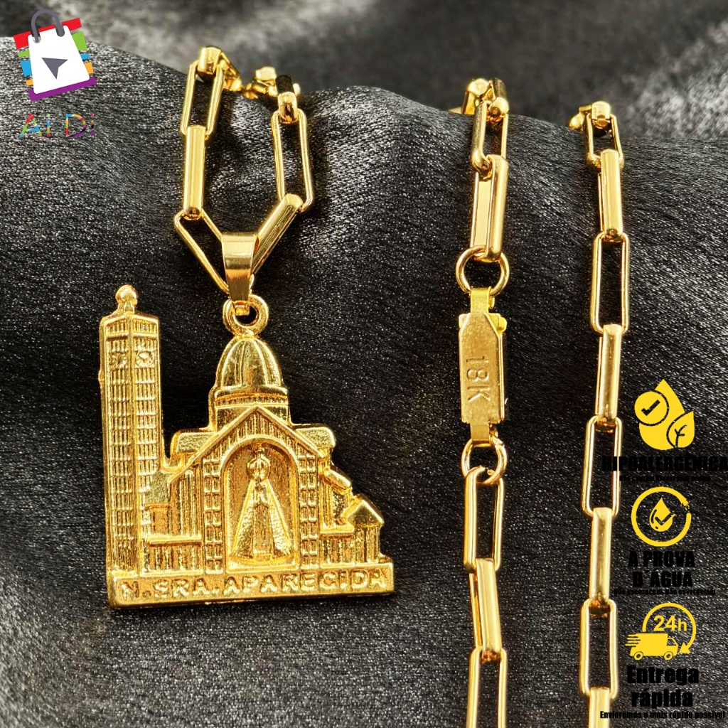Kit Masculino: Corrente e Banhadas a Ouro 18k com Elo Vazado e Pingente Nossa Senhora