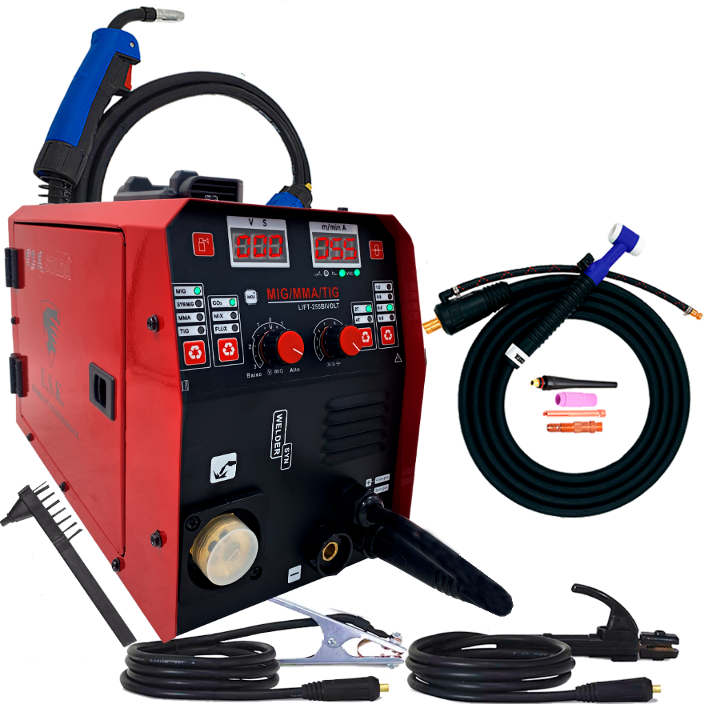 Kit Maquina De Solda Inversora Mig 255 Bivolt Tig Mma Multiprocesso 110/220v Usk + Tocha Tig Seca