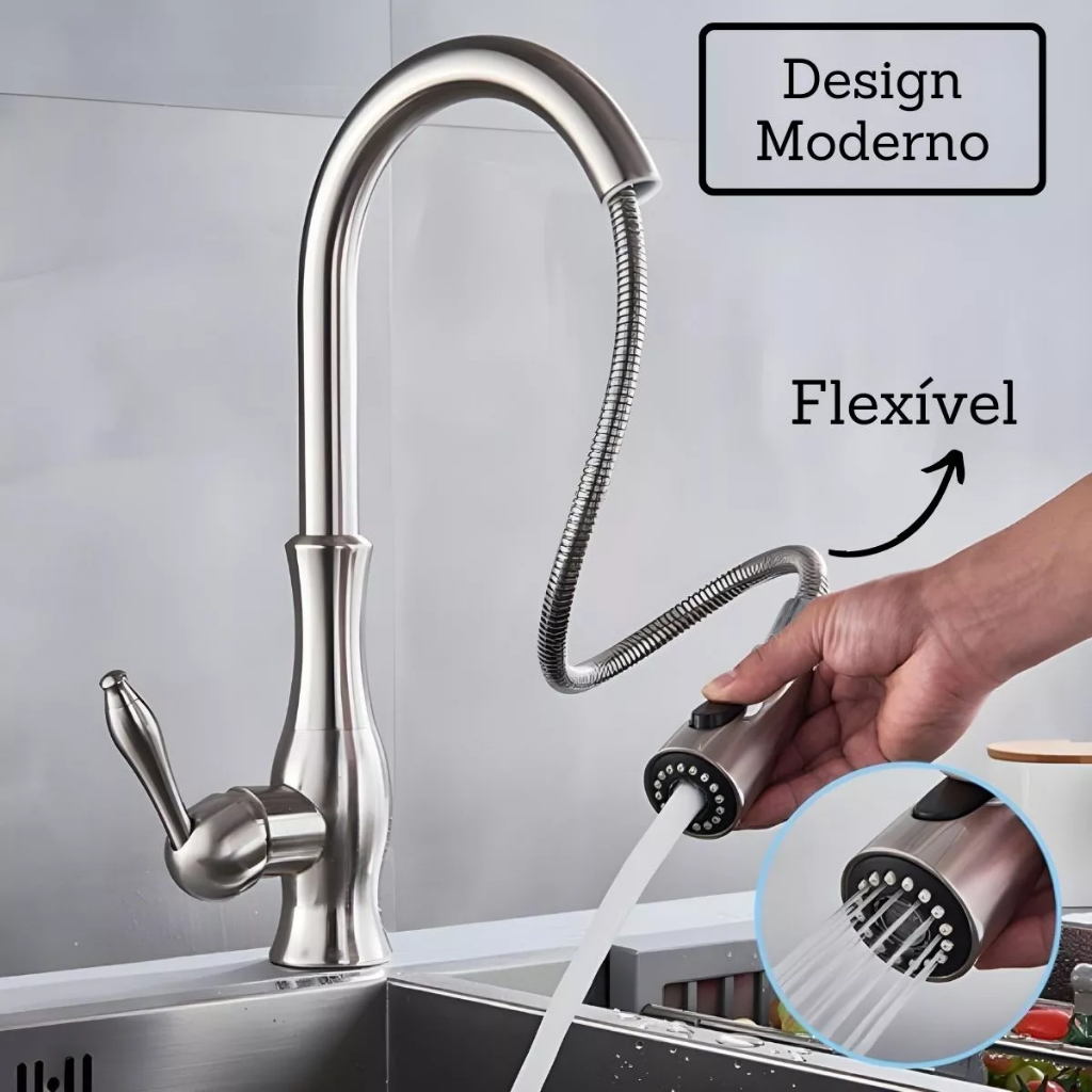 Torneira de Cozinha Extensível Monocomando Aço Escovado Prata Para Pia Cuba Bancada