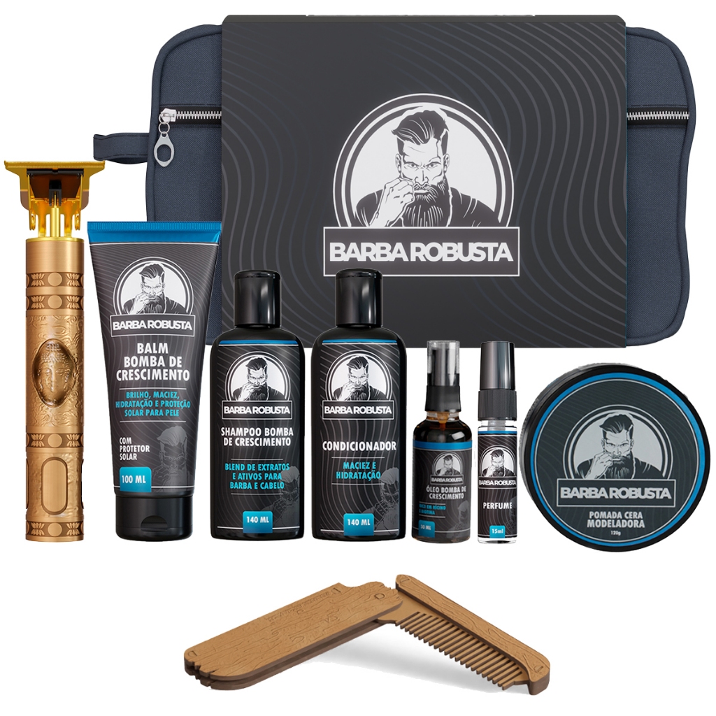 Kit Barba Robusta Shampoo Condicinador Óleo Balm Cera Perfume Pente Canivete e Necessaire