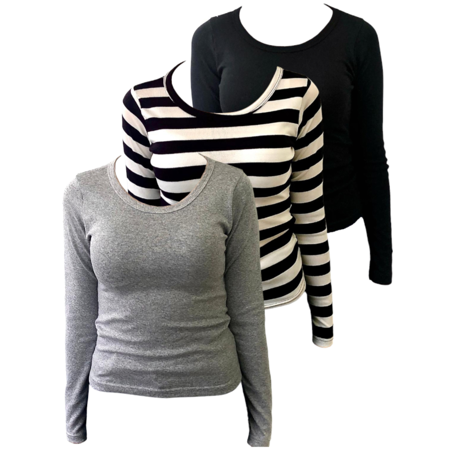 Kit 3 blusas manga longa gola redonda 96% algodão 4% elastano. em Oferta na Shopee