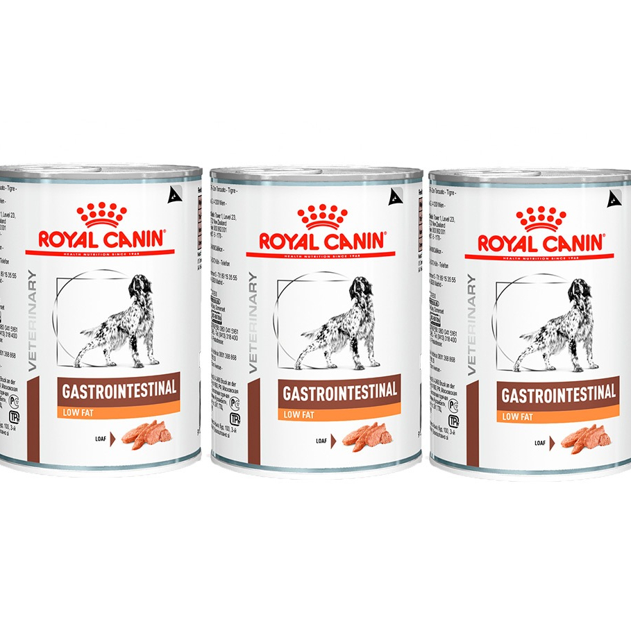 Kit 3un.Ração Úmida Lata Royal Canin Veterinary Gastrointestinal Low Fat Cães Adultos 420g - Pets