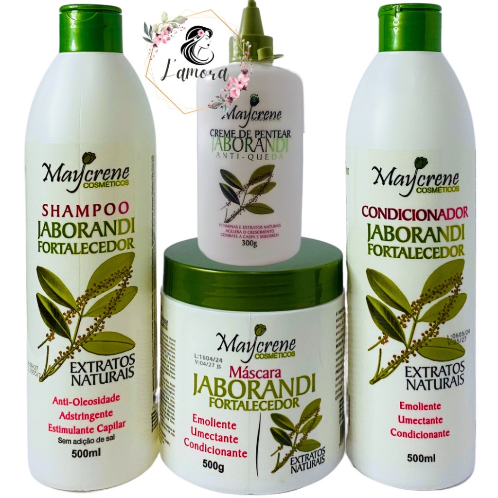 kit jaborandi com creme de pentear (shamp, cond, masc e creme de pentear) 500ml maycrene