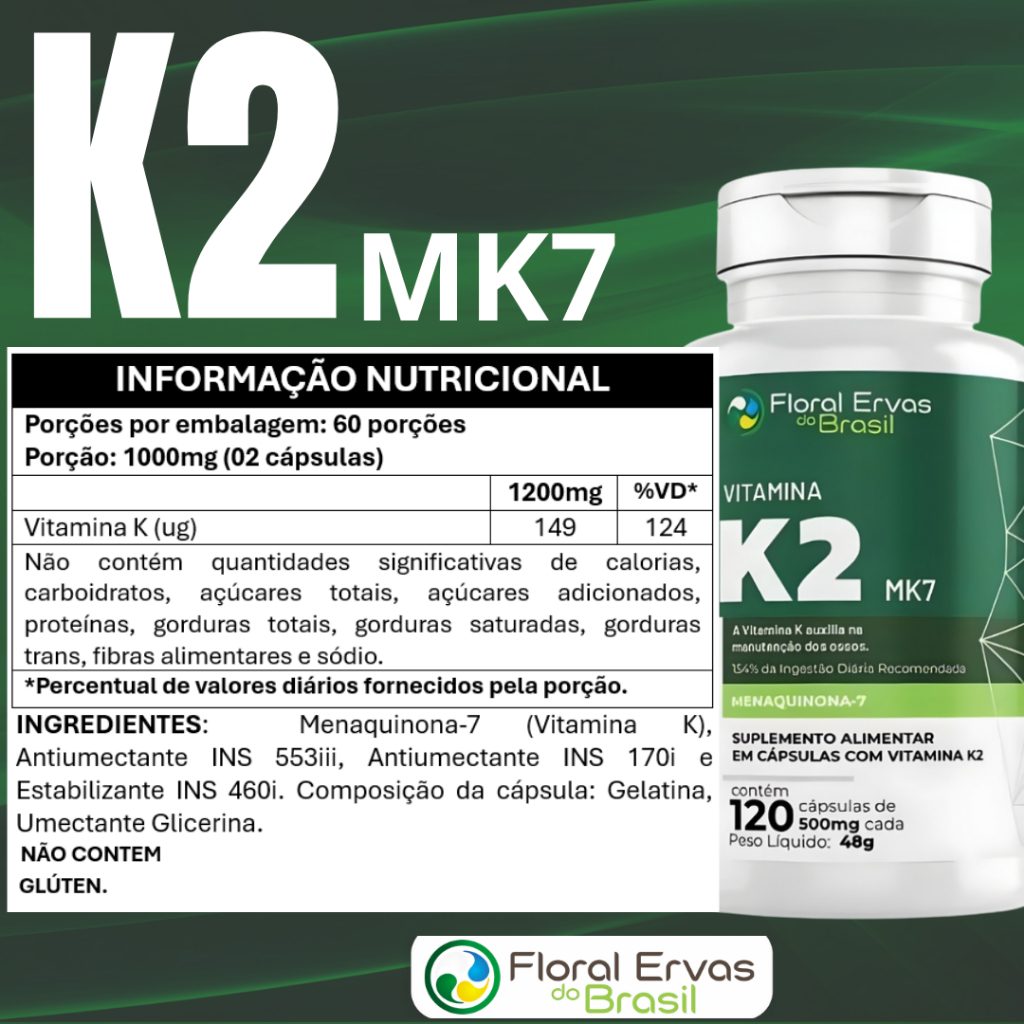 KIT C/2 Vitamina K2 Mk7 Menaquinona 7 240 Caps - Floral Ervas do Brasil
