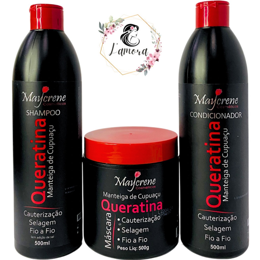 Kit Cauterização Queratina Shampoo Condicionador e Máscara de Tratamento 500g Maycrene