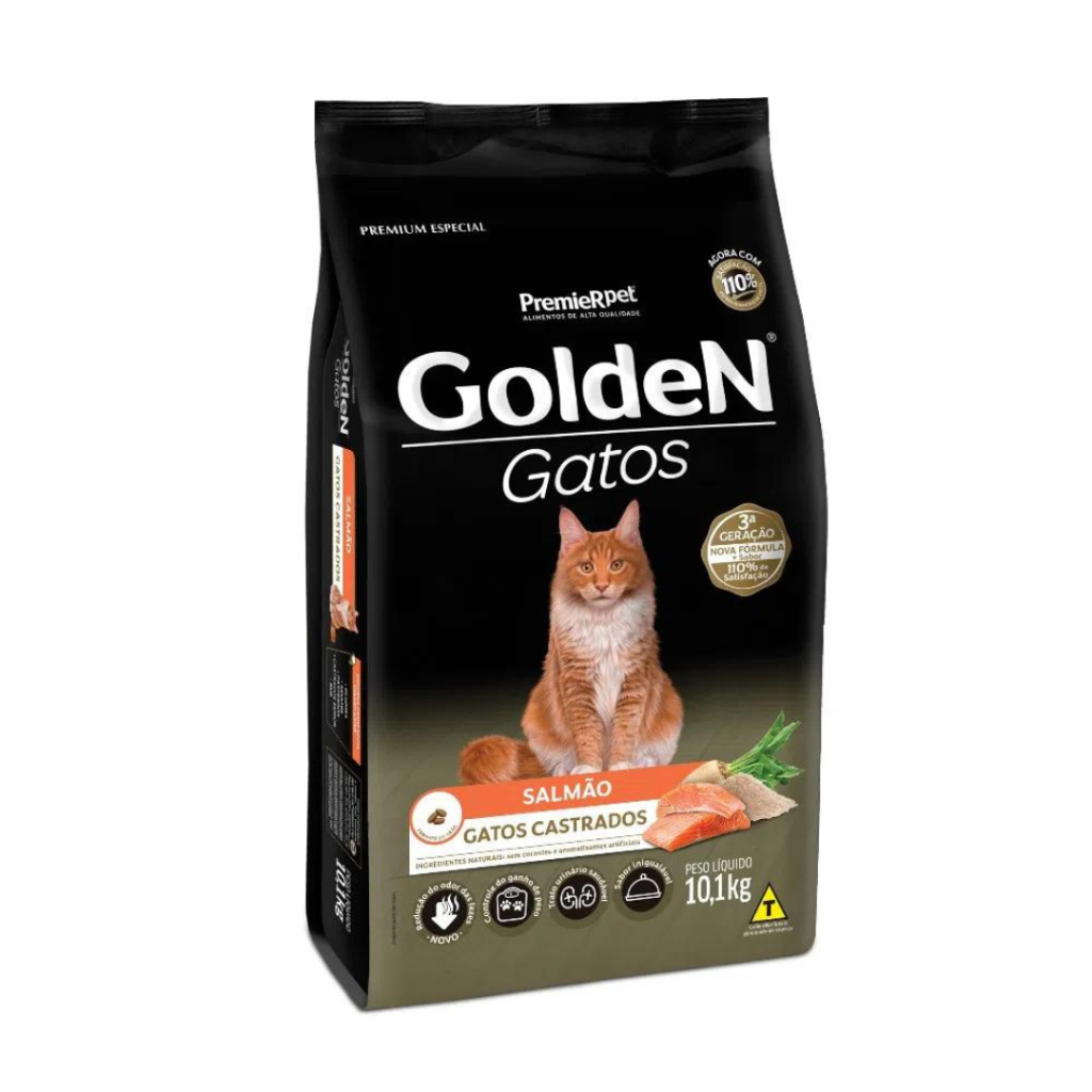Ração Golden Gatos Castrados Salmão 10,1kg Controle de Peso Saúde Urinária Alta Qualidade