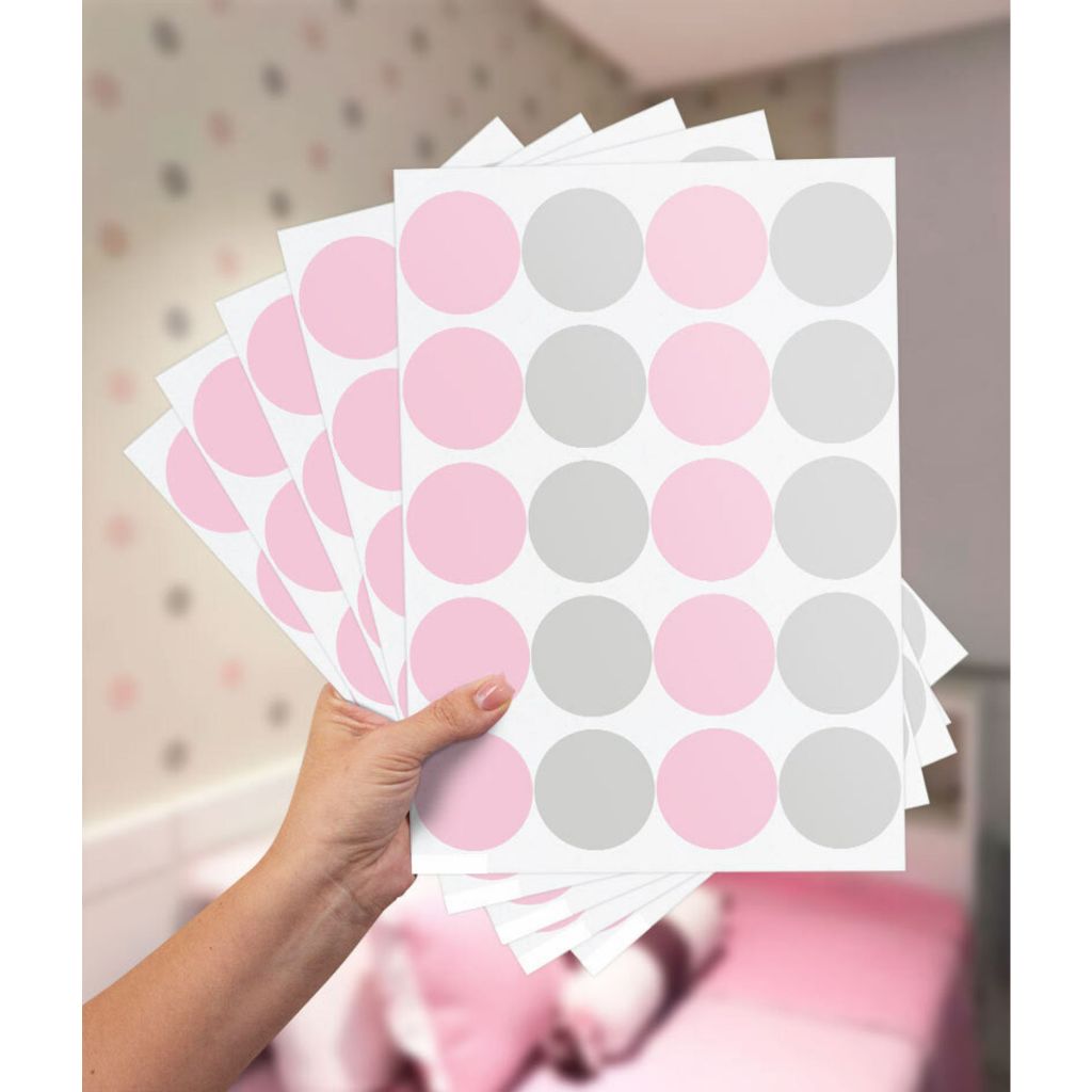 Kit Adesivo de Parede 40  Bolinhas Rosa e Cinza - Papel de Parede Infantil - Adesivo de Parede Infantil Bolas