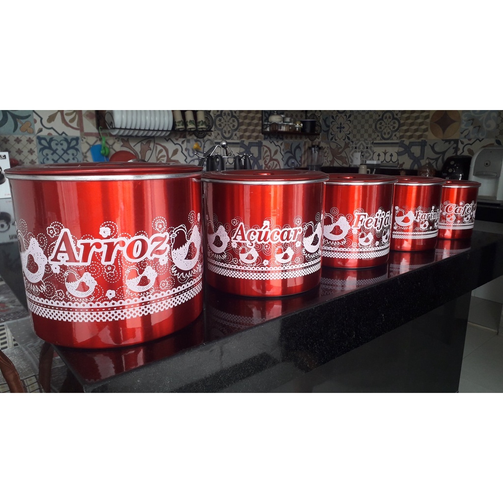 Jogo De Lata Mantimento De Aluminio Pintado Colorido  - Conjunto 5 Pecas Porta Alimento