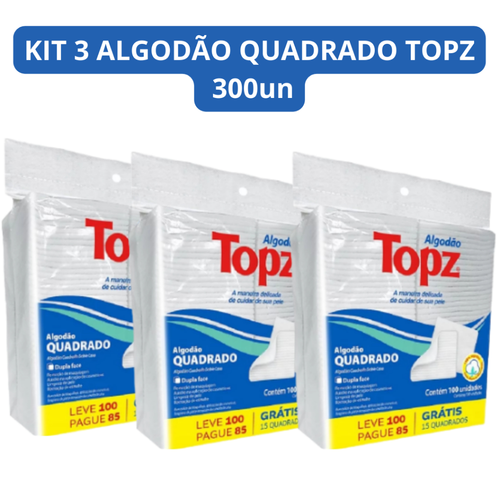 Kit 3 Algodão Topz Quadrado Dupla Face Limpeza Facial Limpeza E Cuidados Com O Bebê 300 Un