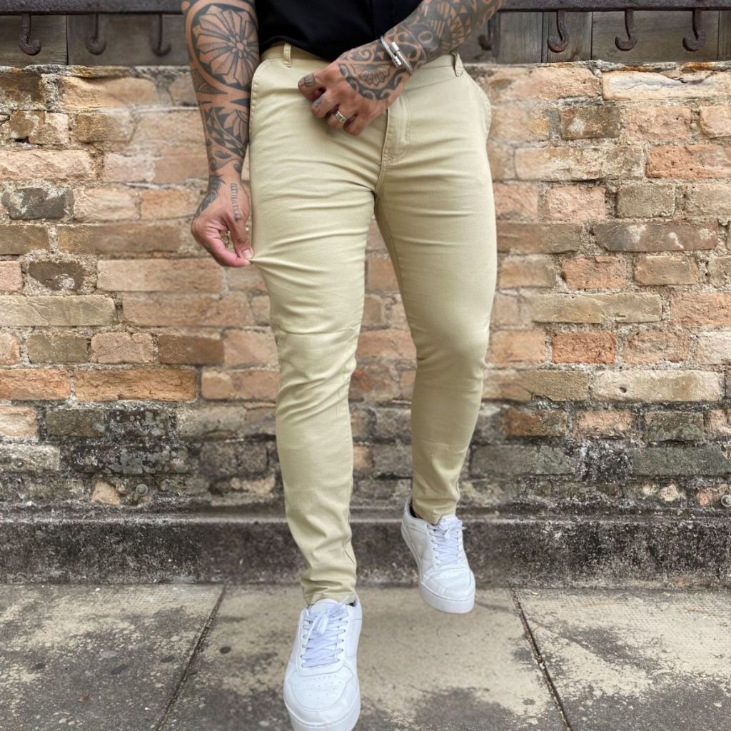 Calça De Sarja Masculina Lançamento Estilo Alfaiataria Bege Elegante Jeans