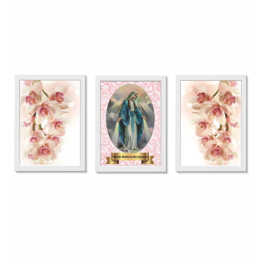 Kit 3 Quadros Decorativos Ambientes Religiosos Nossa Senhora das Graças e Flores A4 Molduras Braancas
