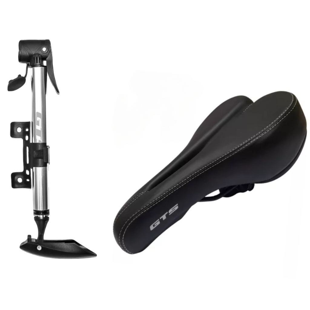 Kit Banco Selim Confortável Couro Gts Vazado + Bomba De Encher Pneu Alumínio Mini Pump Gts Com Suporte De Quadro