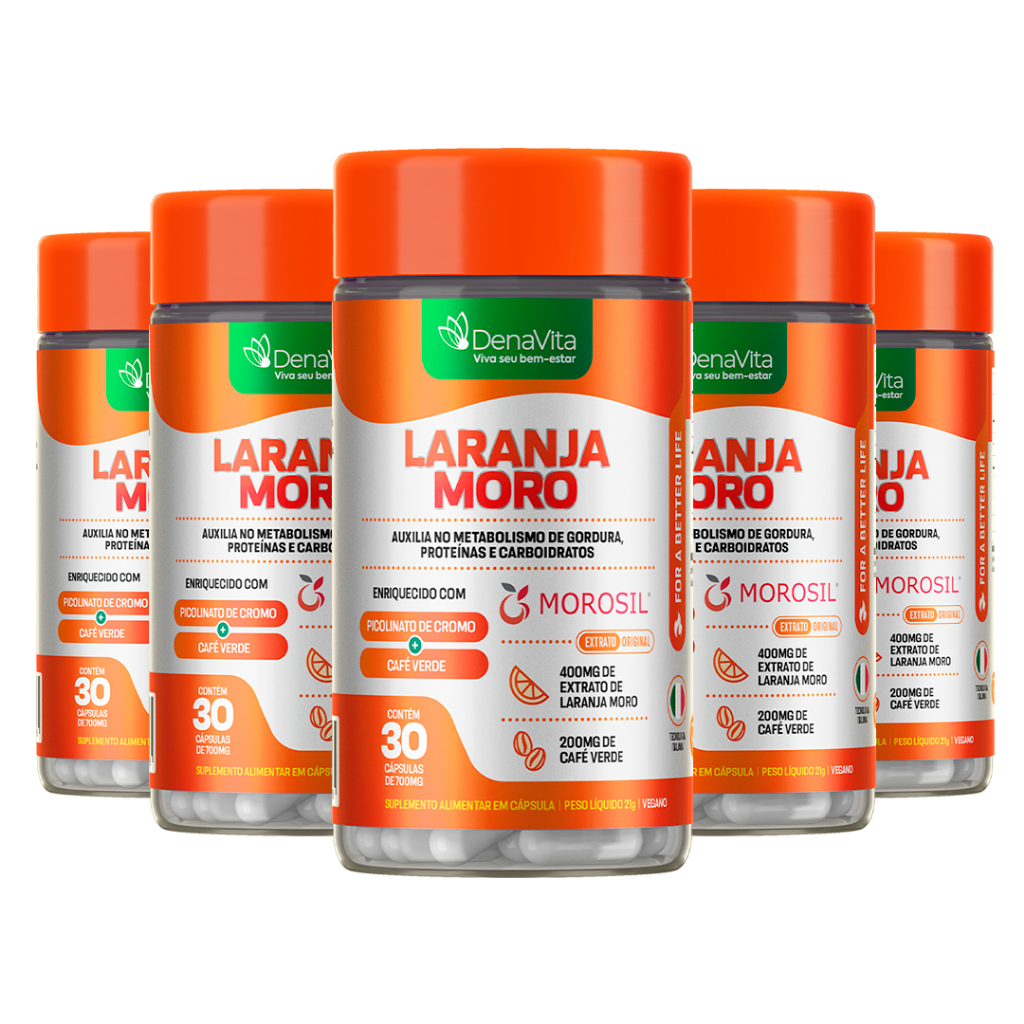 Kit 5x Extrato de Laranja Moro + Cromo + Café Verde 3x1 - 150 Cápsulas - Vegano - Denavita