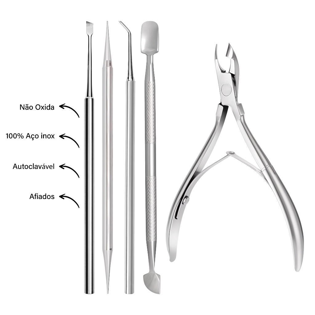 Kit Manicure 5 Peças (Alicate + Palito 2x1 + Desencravador + Espátula + Raspador)