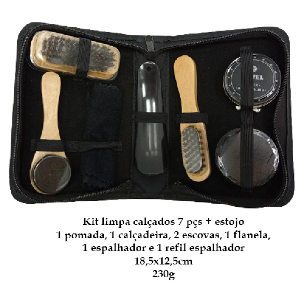 Kit Estojo Para Engraxar Lustrar Sapatos 7 Peças Viagem
