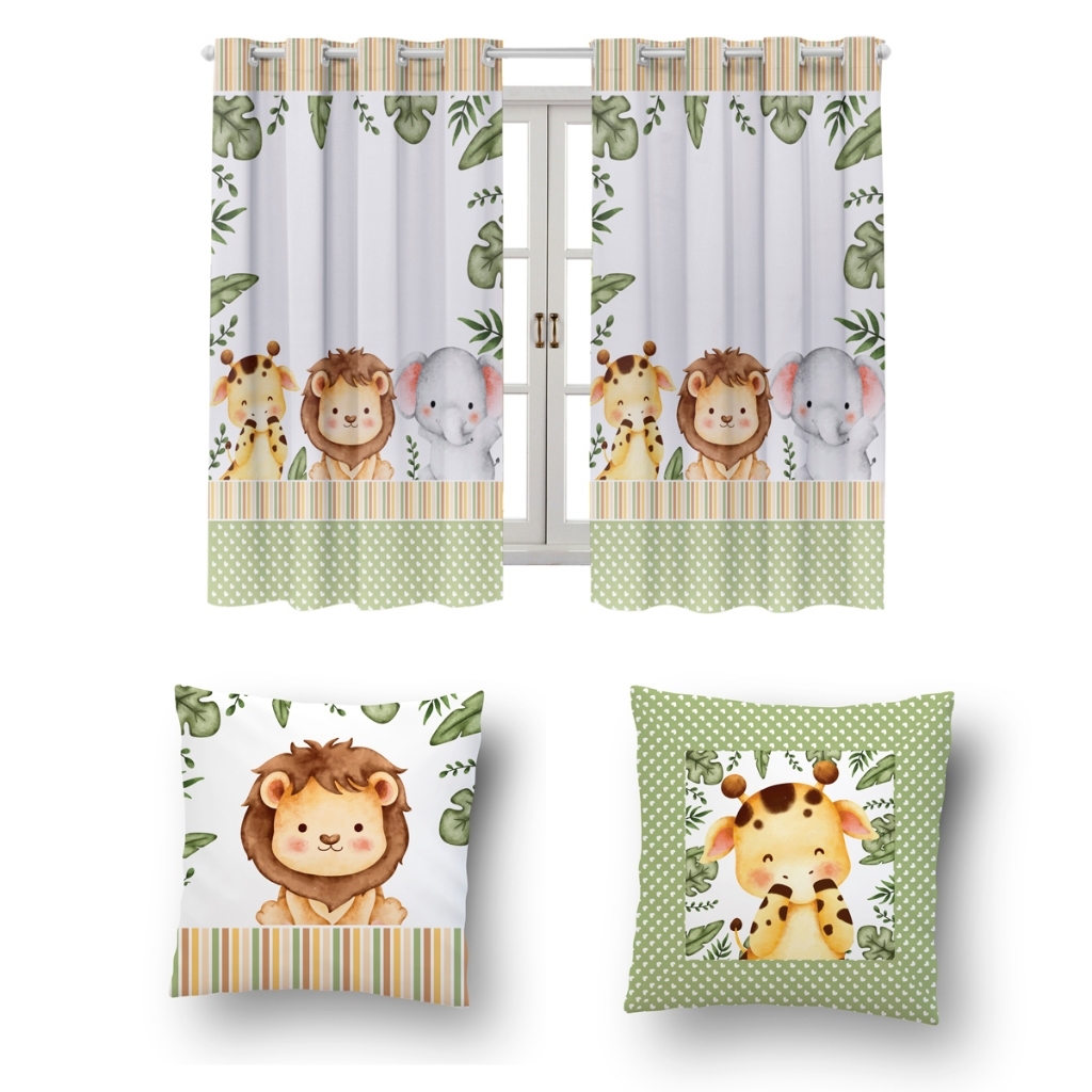 Kit Infantil c/ Cortina 2M + 2 Capas De Almofadas (Decoração, Quarto, Baby, enxoval de Bebê)