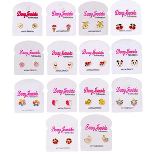 Kit 5 Pares Brincos Infantis Folheados a Ouro Pequenos Personagem Desenho Criança em Oferta na Shopee