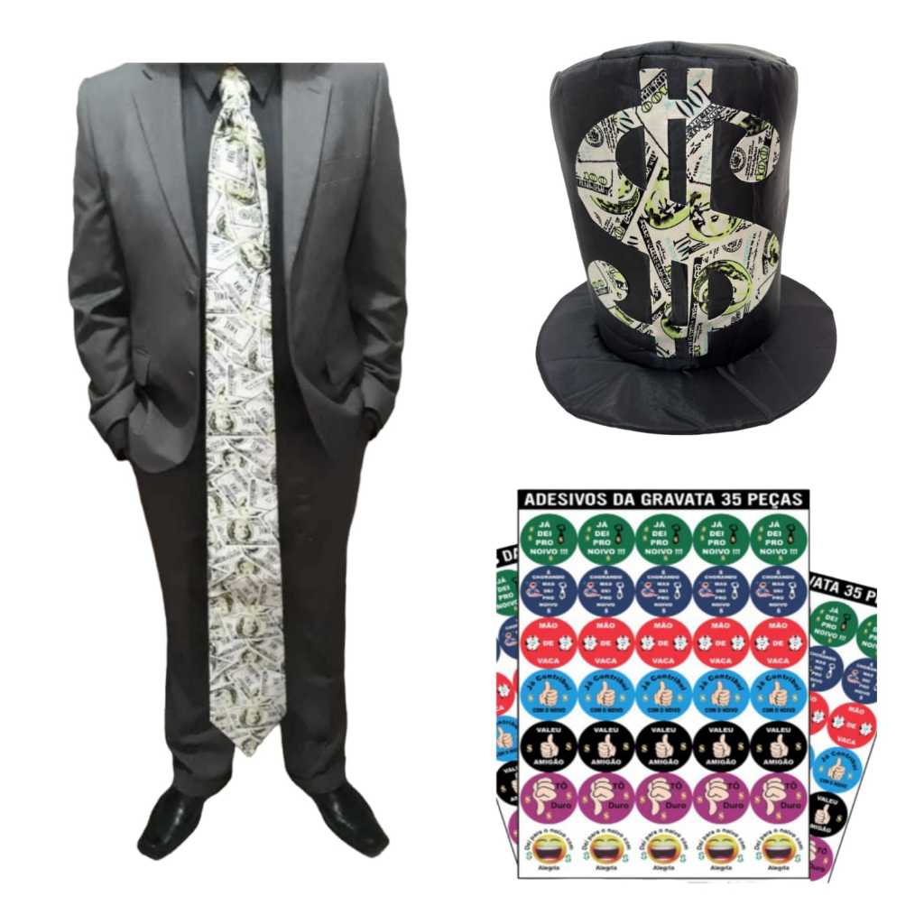 Kit Hora da Gravata ,Cartola + Gravatâo +70 adesivos em Oferta na Shopee