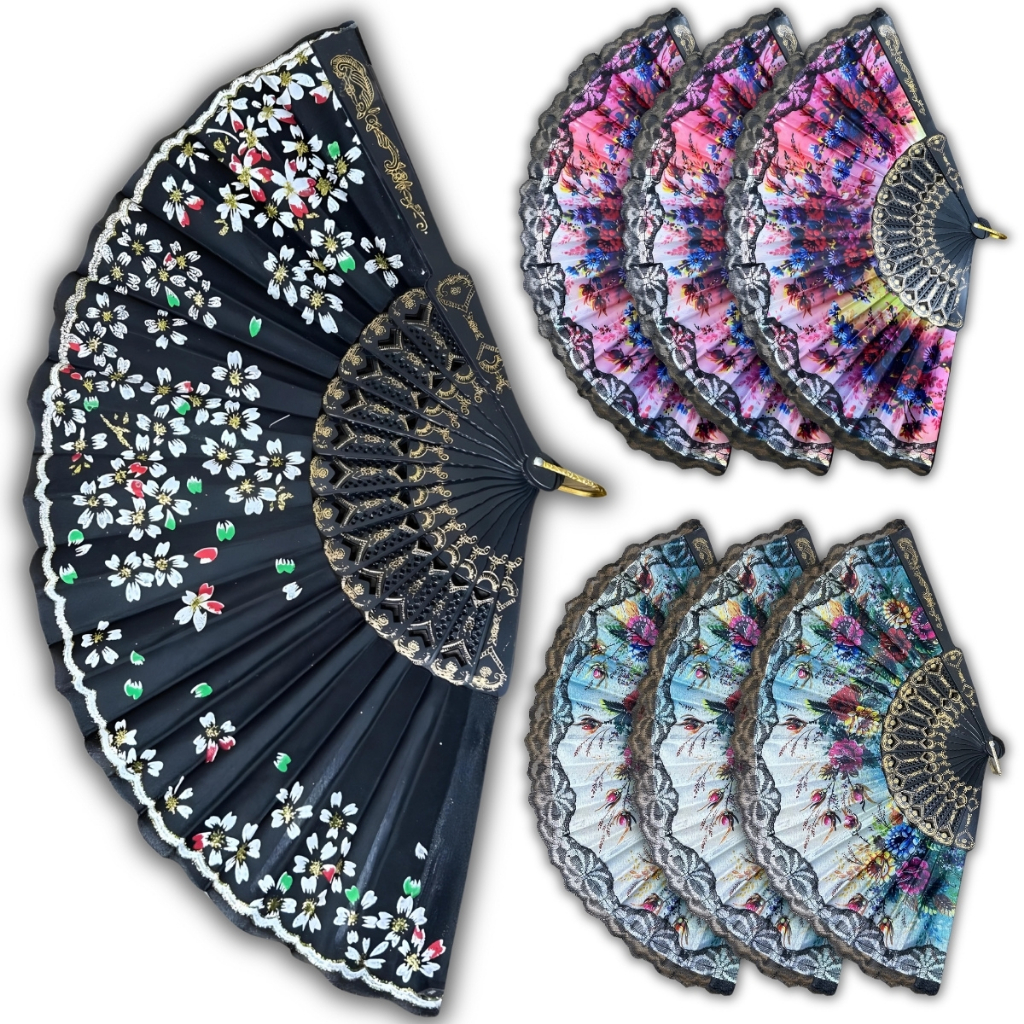 Kit 3 Leques de Mão Tradicional Abanar Tecido Estampa Florida com Renda Chinês Oriental Feminino em Oferta na Shopee