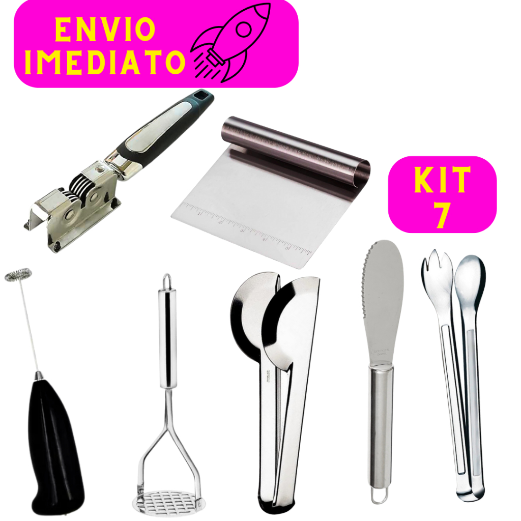 Kit 7 Utensílios Itens Em Aço Inox Para Cozinha Para Casa Amolador Espátula Bolo Mixer Amassador