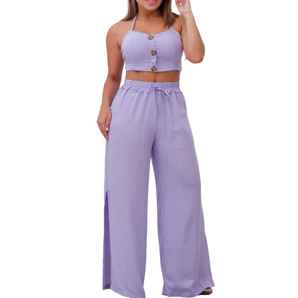 Conjunto Feminino Cropped + Calça Pantalona Fendas Laterais