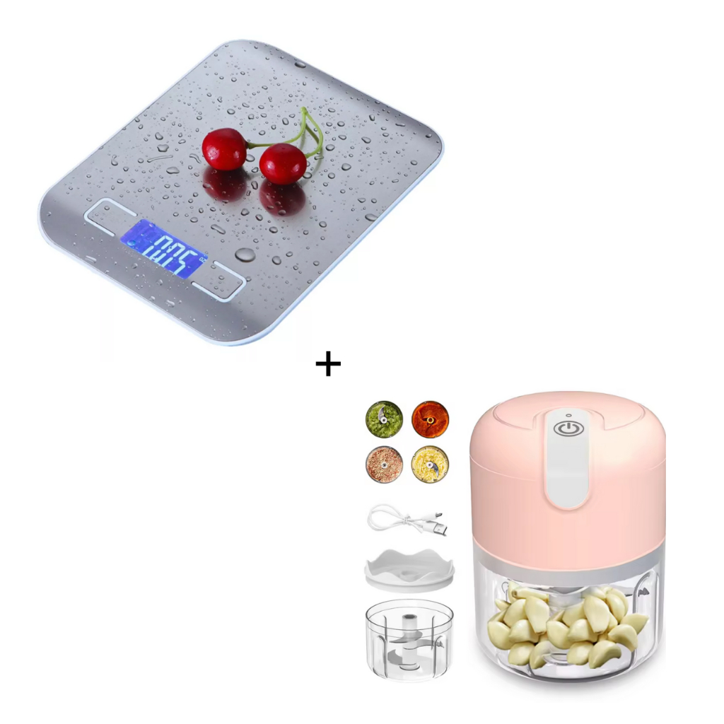 Kit Cozinha Balança Digital 10kg Inox E Mini Processador De Alimentos 250 ml