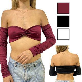 Cropped Top Feminino Trançado Com Manga Sem Bojo em Oferta na Shopee