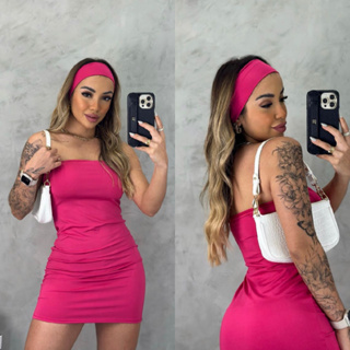 Vestido tubinho + faixa de cabelo feminino tomara que caia suplex moda blogueira gringa em Oferta na Shopee