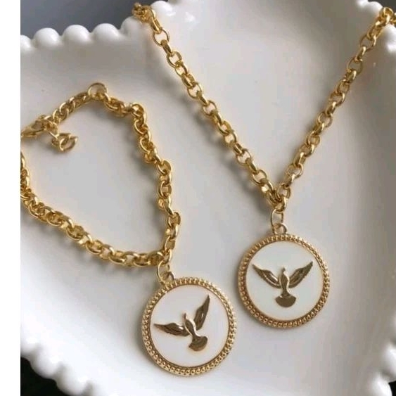 kit Colar cordão elo português Feminino pingente espírito santo