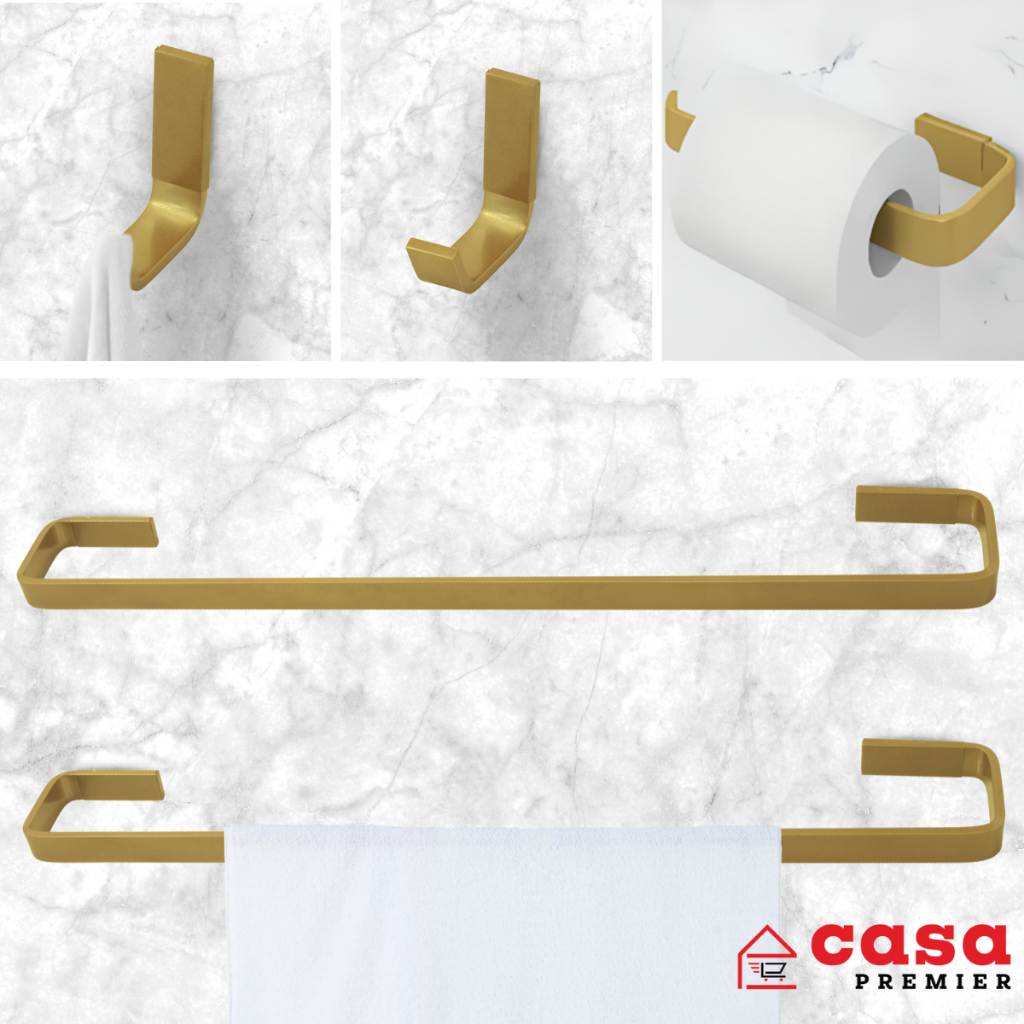 Kit Acessórios Para Banheiro 5 Peças Quadrado Dourado Fosco Alumínio Porta Toalh