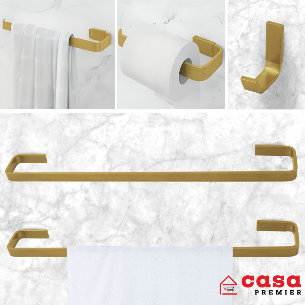 Kit Acessórios Banheiro Conjunto Quadrado 5 Peças Dourado Fosco Dois Porta Tolha Banho 100% Metal