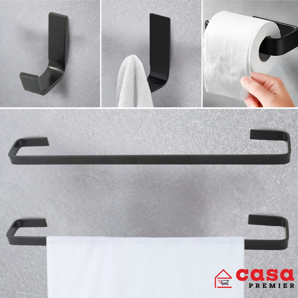 Kit Acessórios Para Banheiro 5 Peças Quadrado Preto Fosco Alumínio Porta Toalha