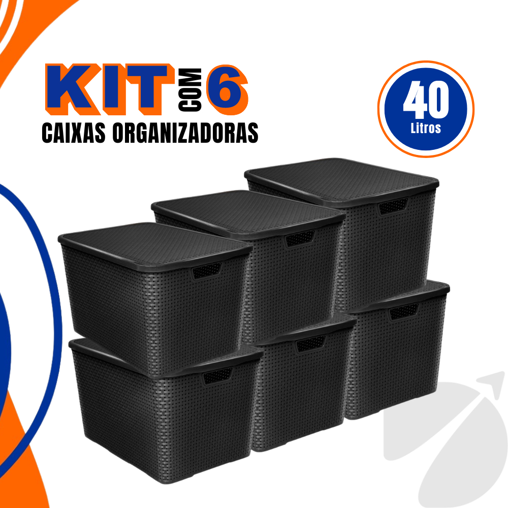 Kit 6 Caixas/Cestos Organizador Rattan 40 Litros Preto Com Tampa