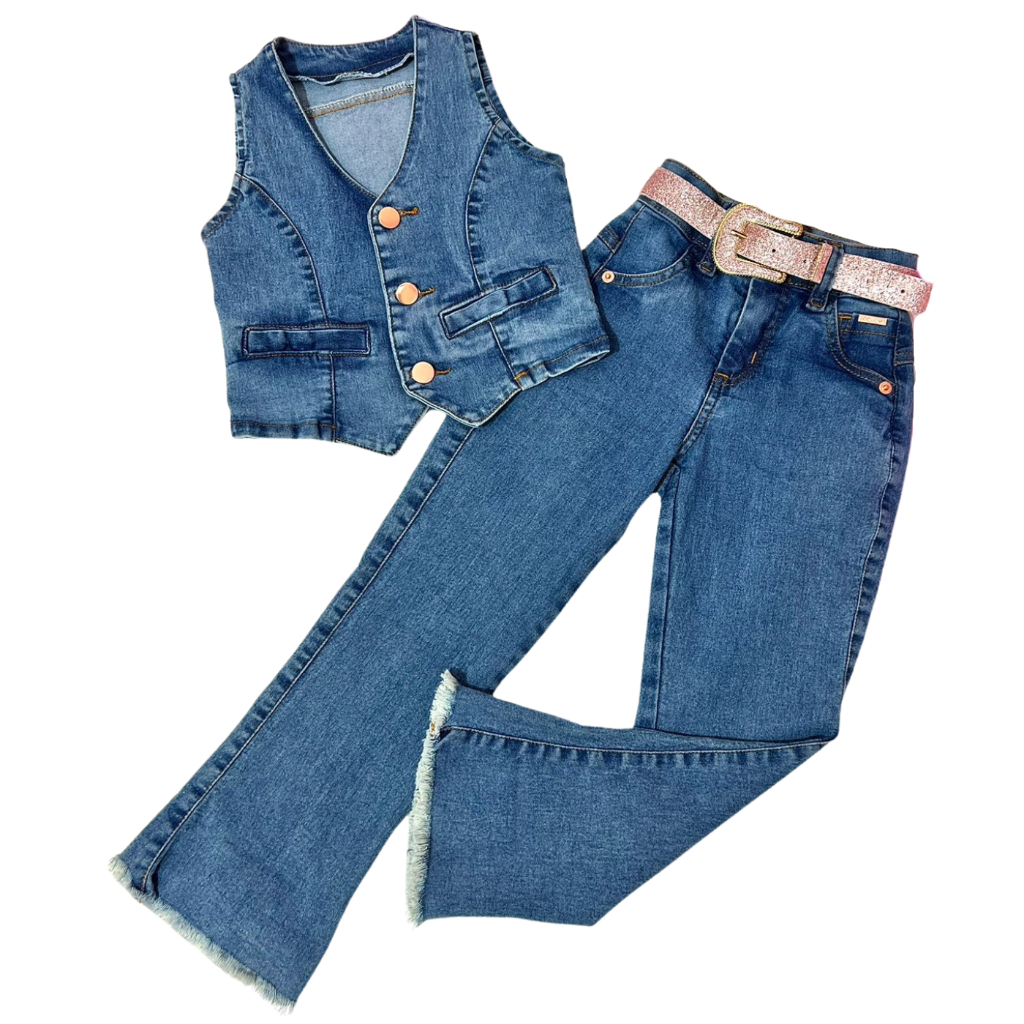 Colete e Calça Flare Jeans Com Lycra Conjunto Infantil Menina Moda Country em Oferta na Shopee