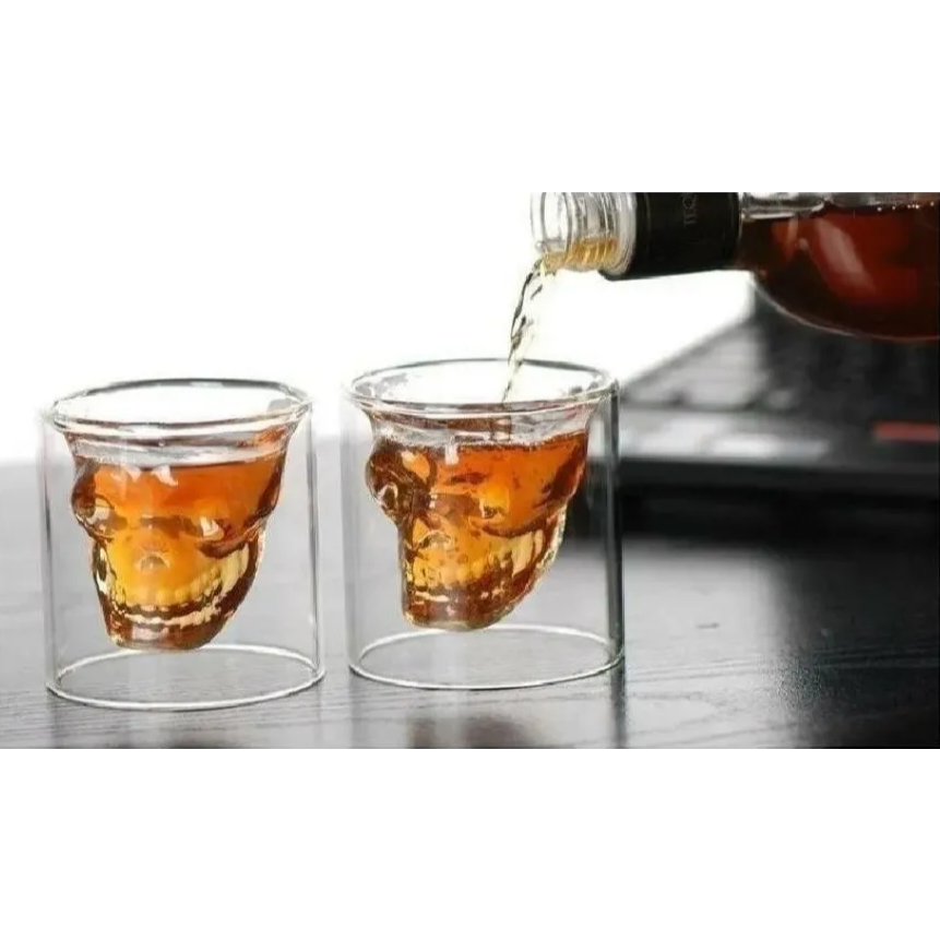 Jogo De 2 Copos Caveiras Decorativo Skull Drink Shot Doses Tequila Whisky Cachaça Parede dupla