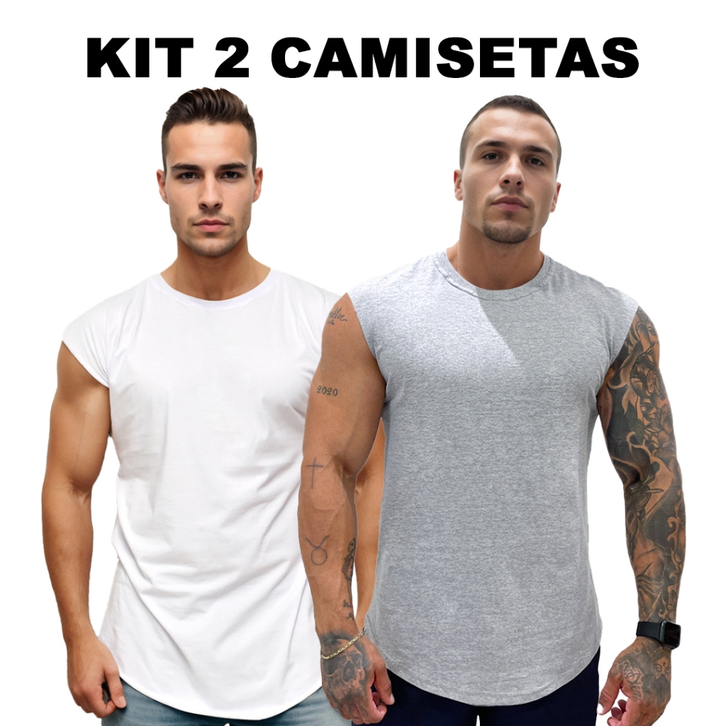 KIT 2 Camisetas Branco + Cores Masculinas Manga Japonesa Longline em Algodão Bombey Lisa Básica