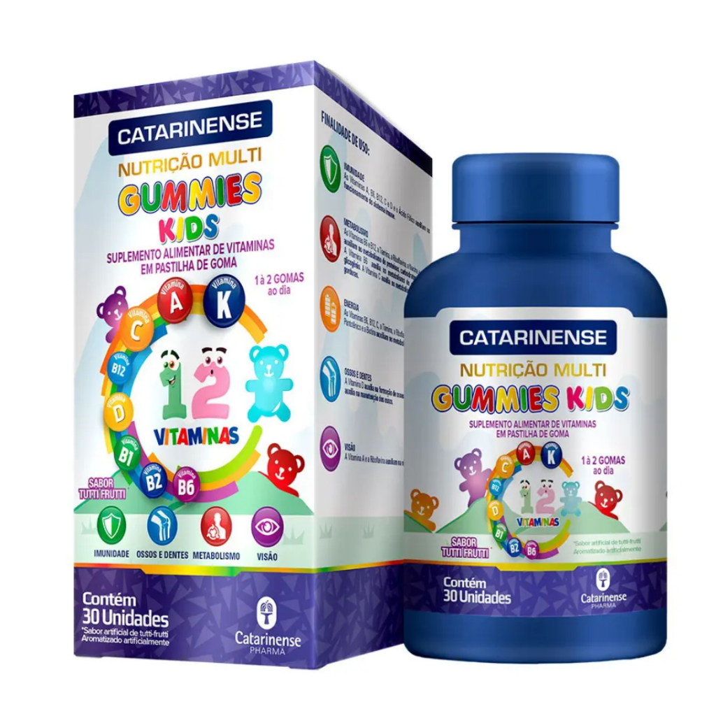 Polivitamínico Gummies Kids 30 Gomas com 12 vitaminas e sabor tutti-fruti