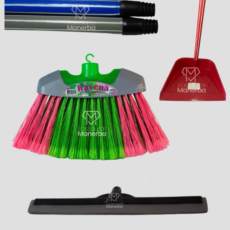 Kit Vass Ravena, Rodo plástico 40cm, pá plástica cabo longo. (Todos com cabo)