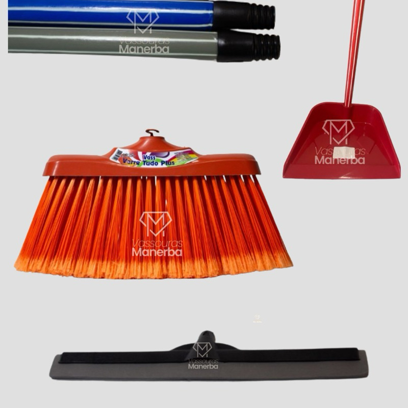 Kit Vass Varre Tudo Plus, rodo plástico 40cm e pá plástica (todos com cabo)