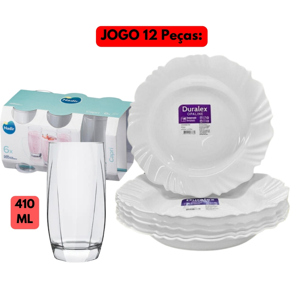 Jogo Aparelho Jantar 12 Peças Vidro Duralex 06 Prato Fundo Petala+ 06 Copo Capri 410ML Kit Resistente Mesa Posta Cozinha Bar Restaurante Branco Transparente
