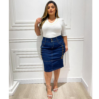 Saia Jeans Midi Com Strech Detalhe Frontal Cós Alto Elegante