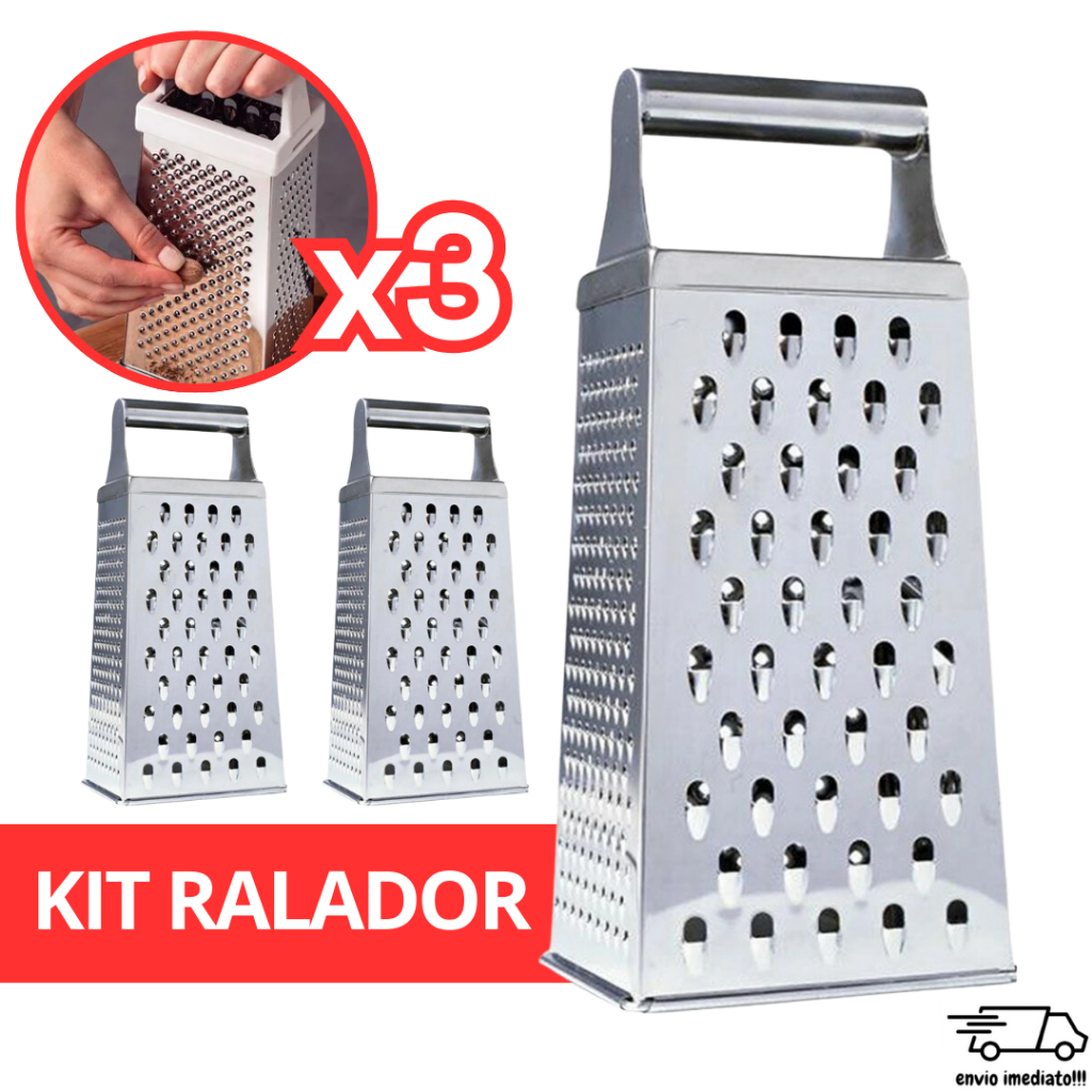 Kit 3 Raladores INOX 4 Faces - Rala + Fatia Queijo Utilidades Legumes Batata Comida