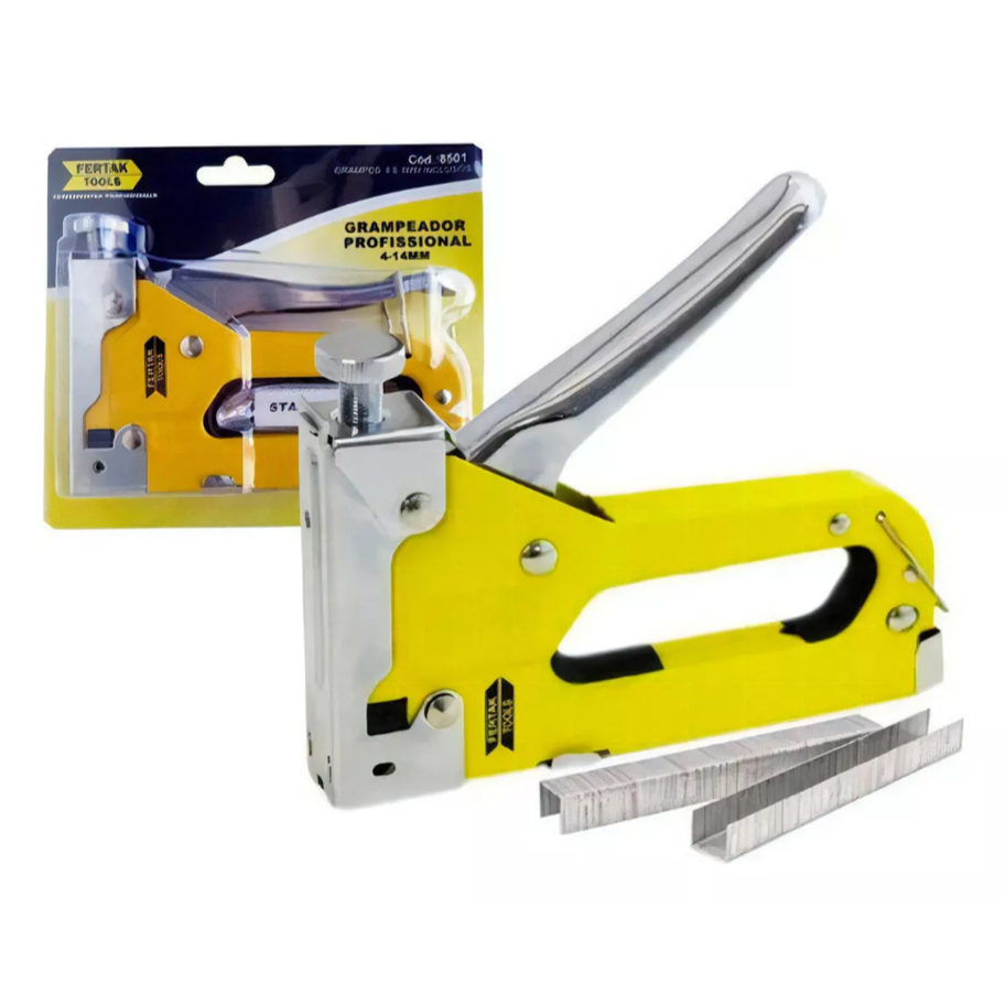 Grampeador Tapeceiro Profissional 4-14mm Com 200 Grampos Extras  Fertak Cód. 8501