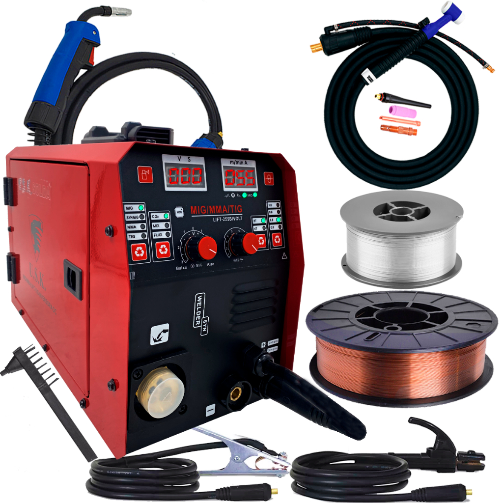 kit Soldador Máquina De Solda Inversora Multiprocesso Mig 150 Eletrodo Tocha Seca Tig Arame 5kg