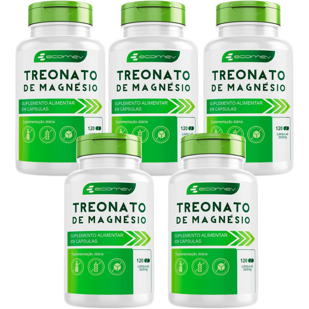 5 Potes Magnesio L Treonato Puro 500mg 600Cáp 10 Meses Tratamento - Foco