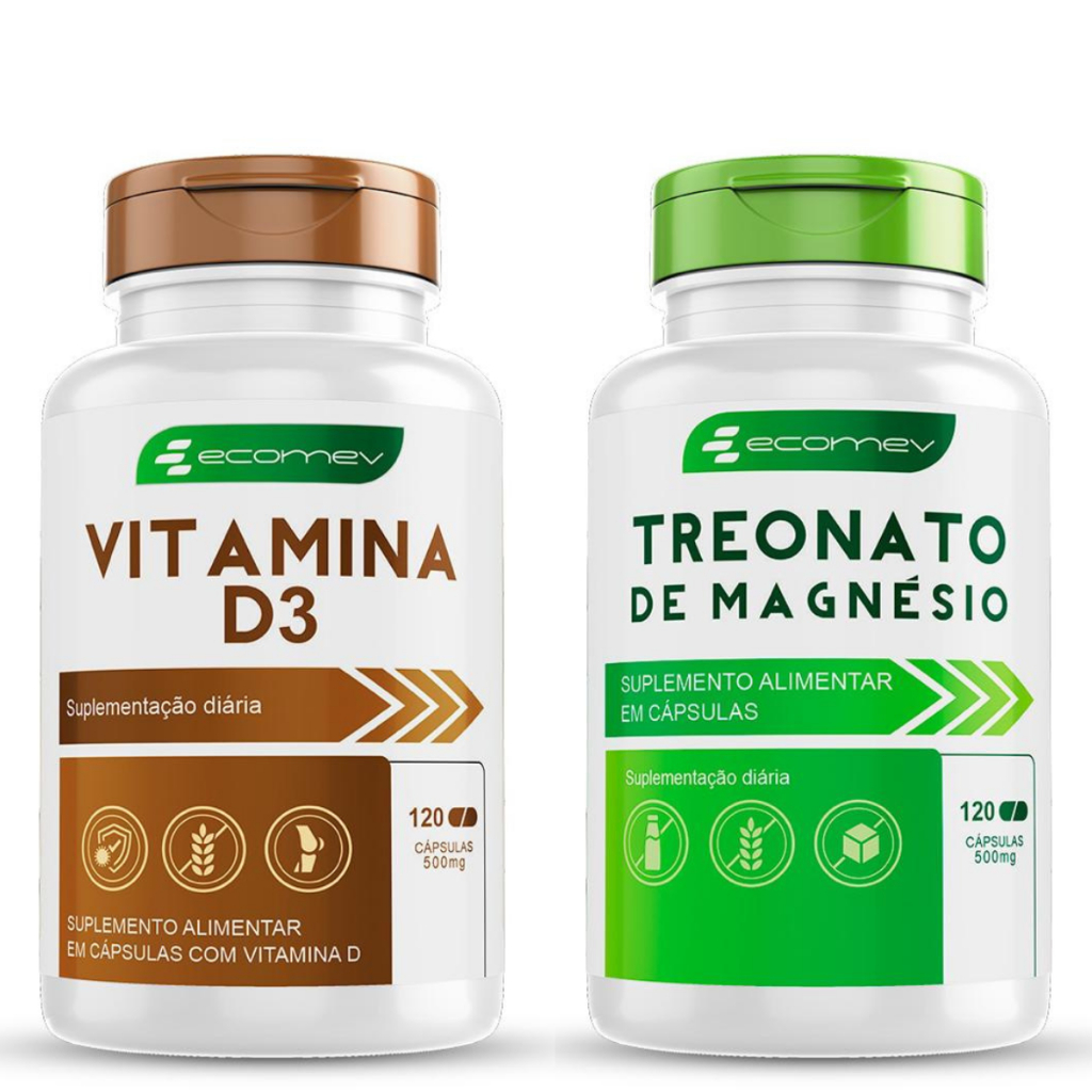 Vitamina D3 500MG + Magnésio L Treonato 500MG 120 Cáps Por Pote