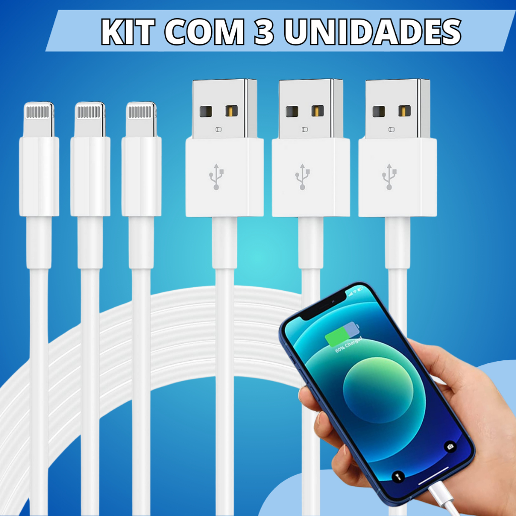 Kit 3 Cabos Turbo Compatível Com Iphone Carregador Usb 1 Metro
