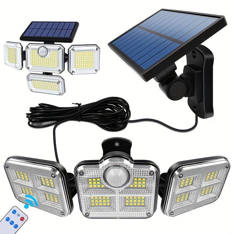 Luminaria Solar 122 Led Sensor De Movimento Controle Remoto Com Painel de Três Cabeças Giratorias
