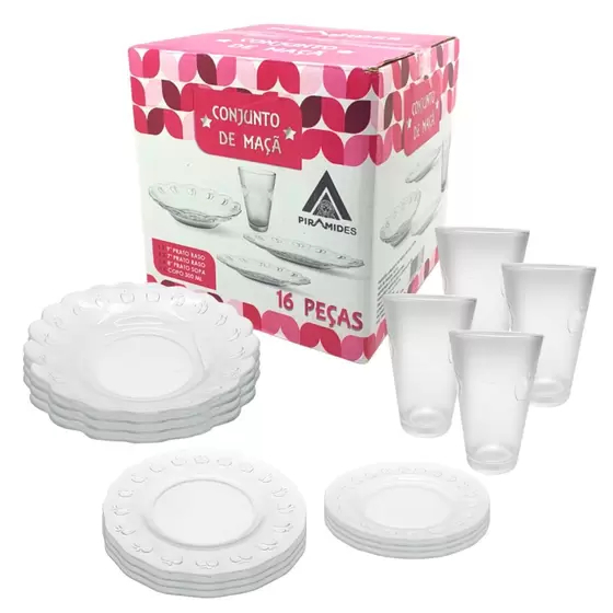 16 Peças Vidro Premium Jantar -  Importado Do Egito - Design Maça Luxo -  Prato Fundo, Raso, Sobremesa e Copo em Oferta na Shopee